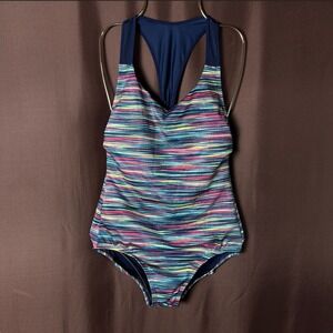 Lands' End Women's 4 Racerback V-Neck One Piece Swimsuit Deep Sea Navy Space Dye